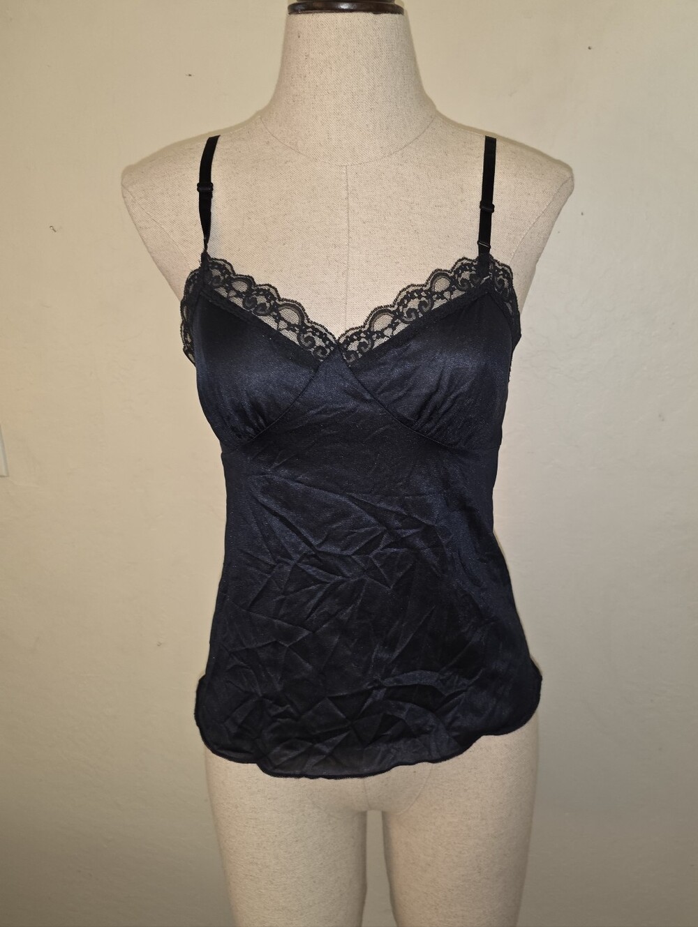Vintage 1970s 1980s Deena Black Lace Trim Camisole Tank